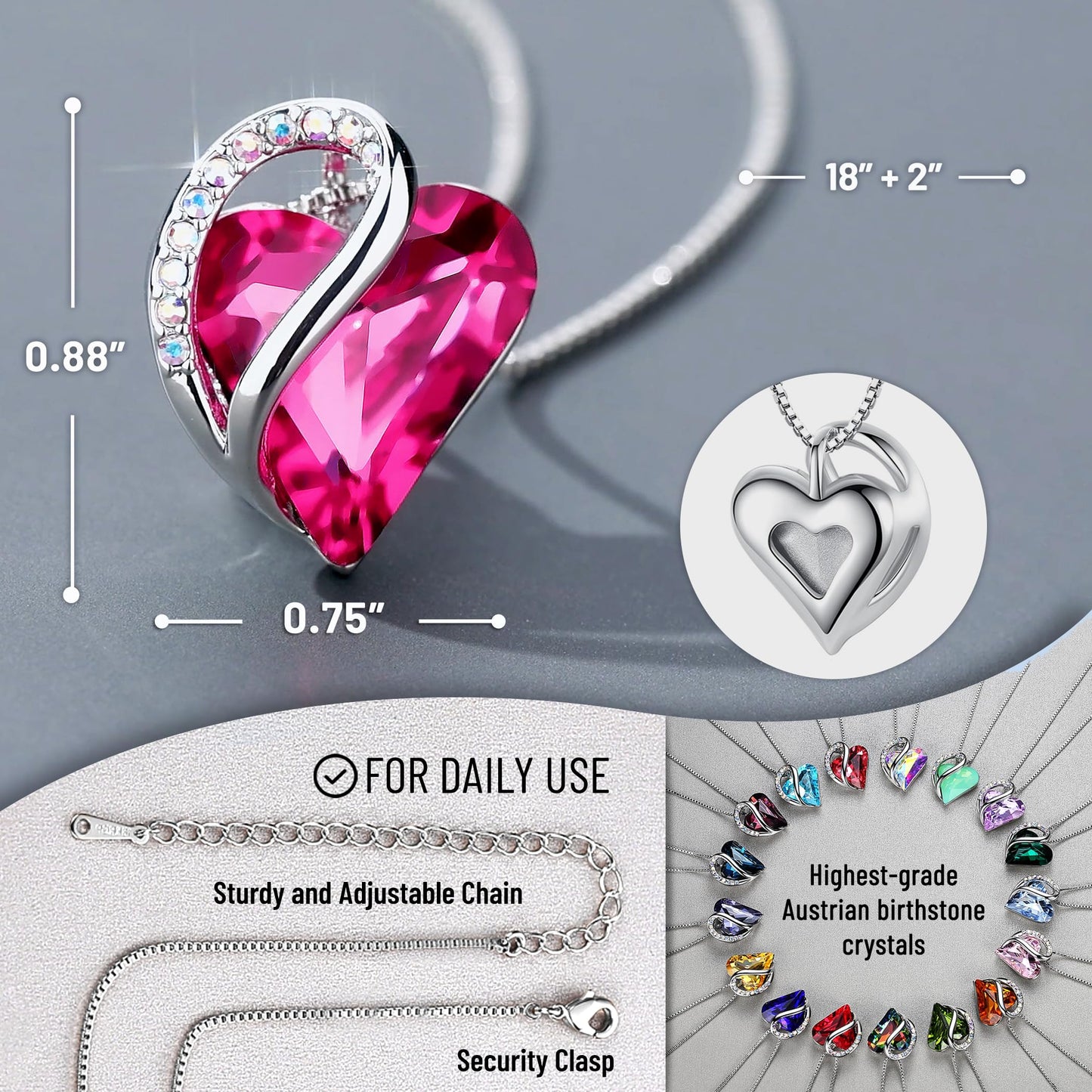 Leafael Gift Necklaces for Women, Infinity Love Birthstone Heart Pendant with Tourmaline Pink Crystal for October, Birthday Jewelry for Her, Mom, and Wife, Silver Plated, 18" + 2" Chain