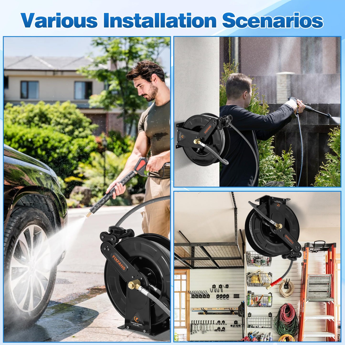 FIXFANS Pressure Washer Hose Reel with Hose for Hot and Cold Water, 3/8" X 50 FT Steel Auto-Retractable High Power Wash Hose Reel, Heavy Duty Hose Reel - Wire Braided Hose 4000 PSI, Black