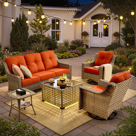 HOOOWOOO Patio Furniture Set,5 Pieces Wicker Outdoor Furniture,High Back Conversation Set with All Weather Resistant Solar Light Table Couch Swivel Chairs,Orange Red