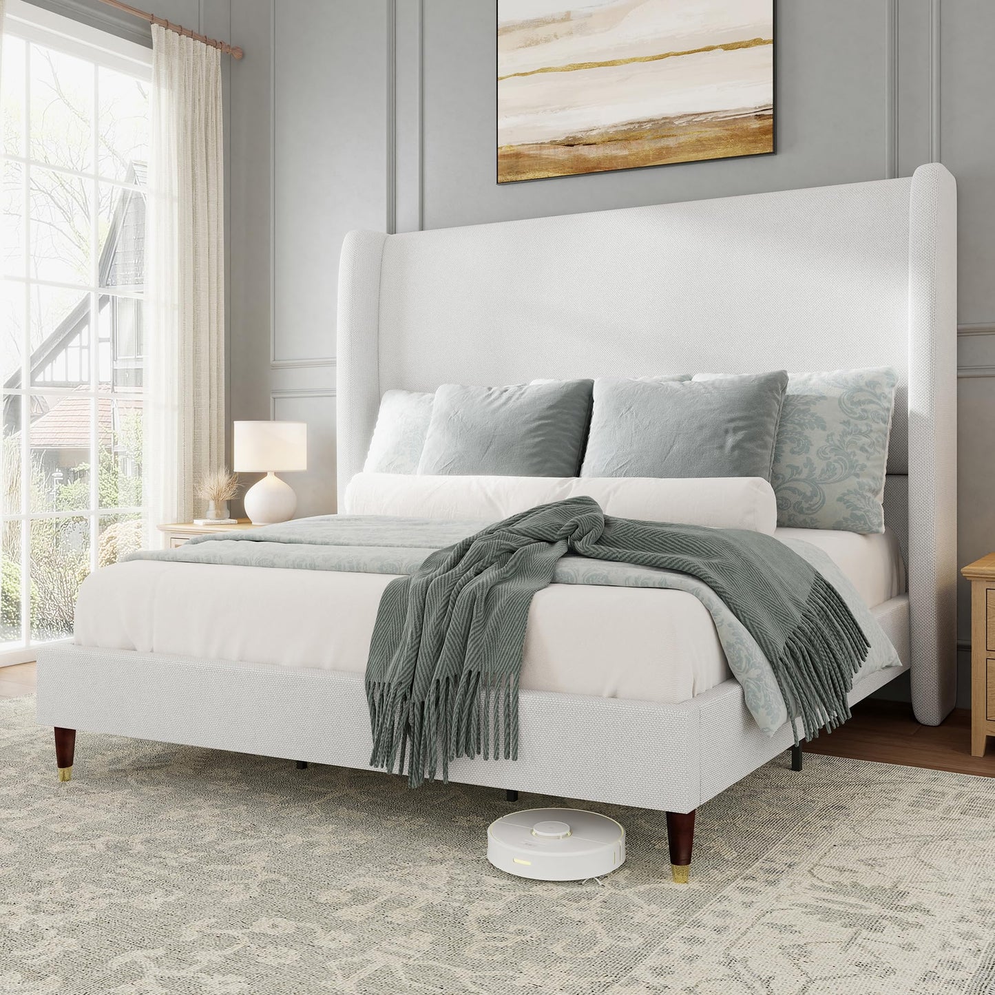Jocisland Queen Upholstered Platform Bed Frame with 51.2" Tall Wingback Headboard–Solid Wood Legs, No Box Spring Needed, White Linen–Modern Style for Any Bedroom