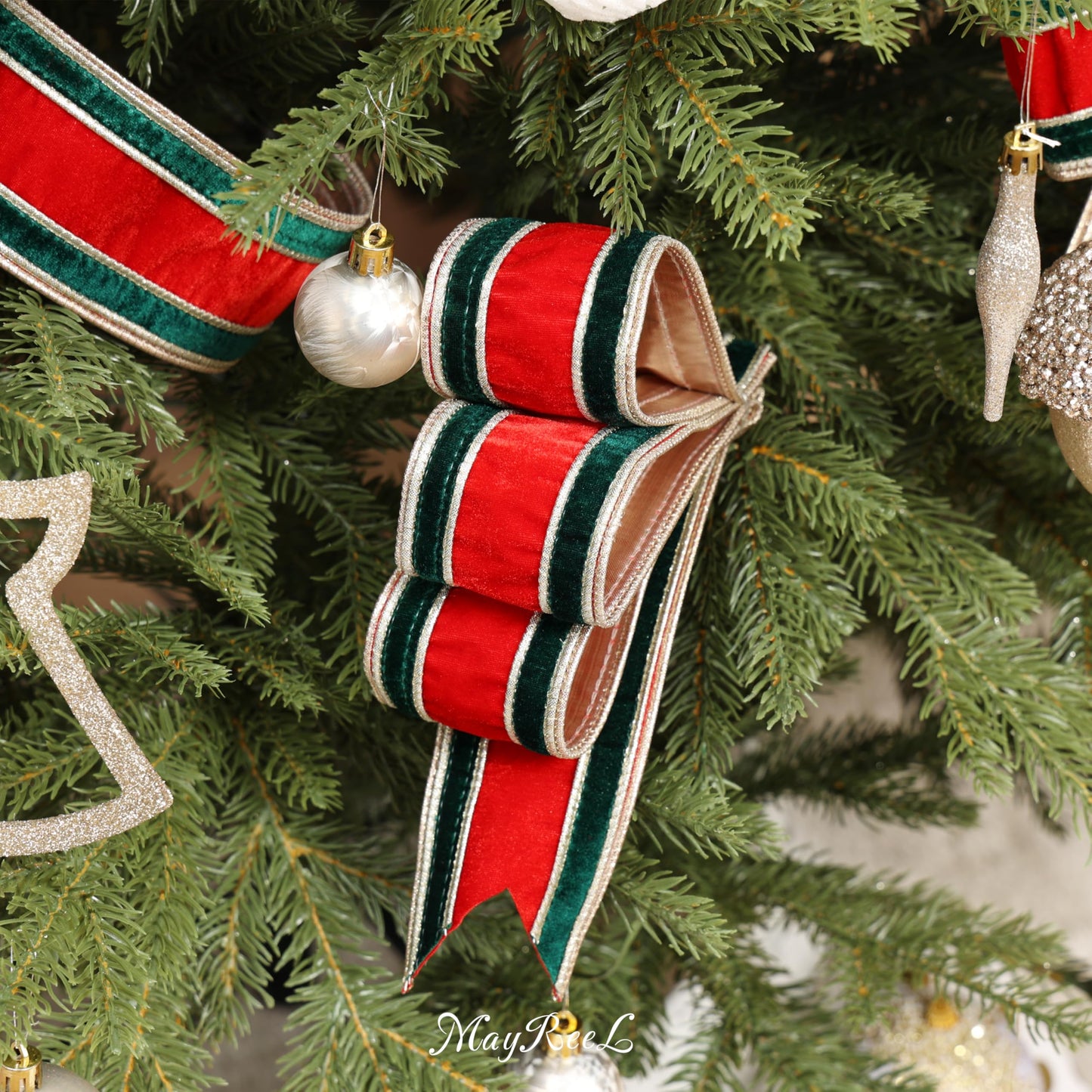 MAYREEL 2.5 Inch Christmas Velvet Ribbon with Wired Edge – Red & Green Double Color, 10 Yards Roll – Classic Holiday Craft, Wreath Supplies, Bows, Garlands, Gift Wrapping & Decoration
