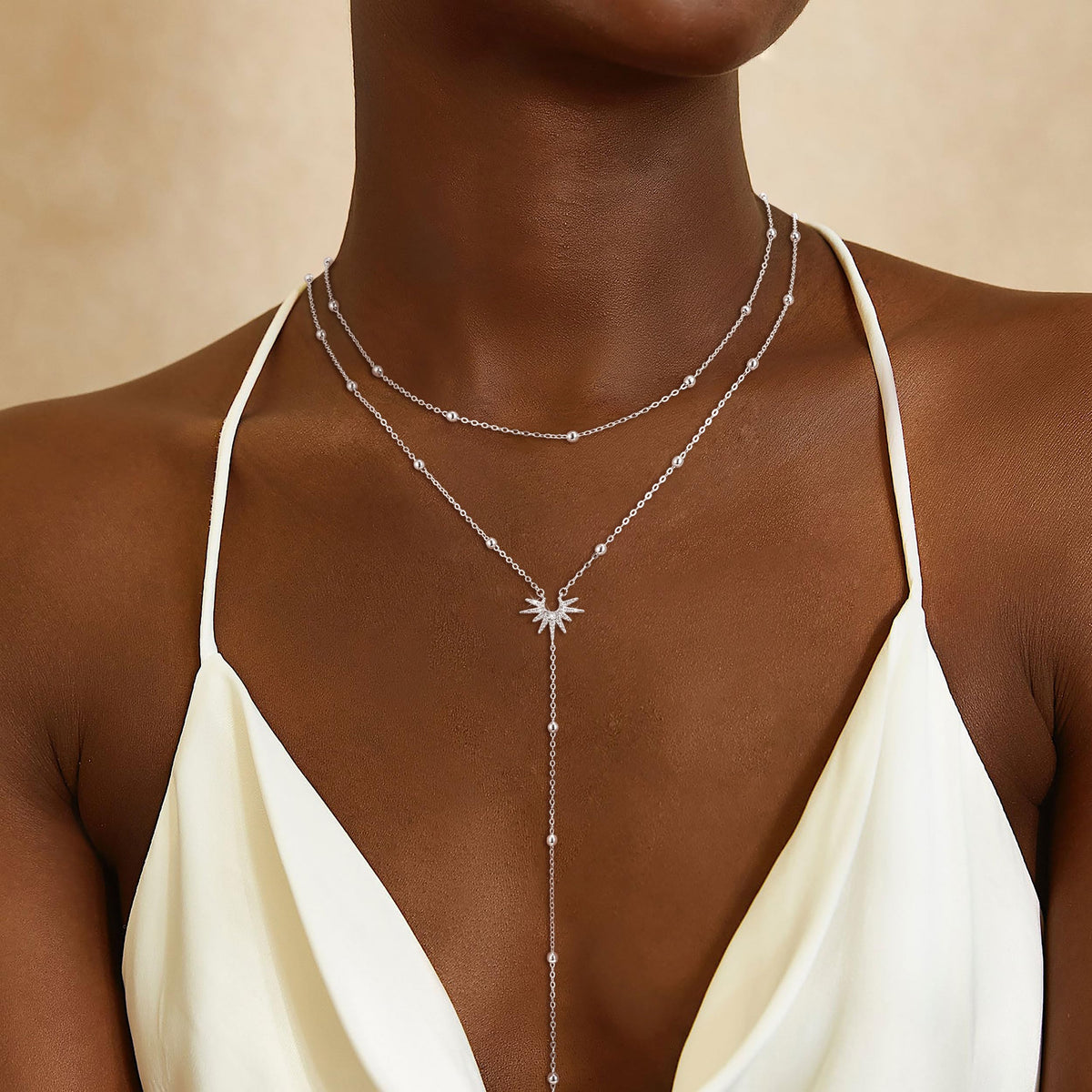 CHESKY Lariat Silver Necklace for Women Trendy, Dainty Long Necklace Streling Silver Y-Shaped Pendant Necklace Layered CZ Beaded Chain Drop Necklaces Simple Gold Jewelry for Women Gifts