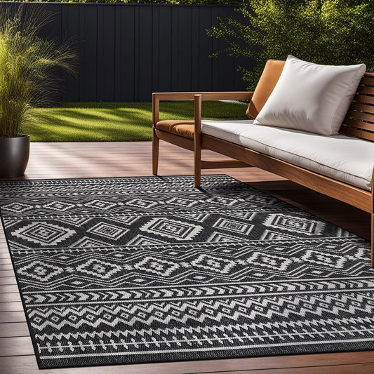 Beverly Rug Waikiki Boho Indoor Outdoor Rug 5x7, Washable Outside Carpet for Patio, Deck, Porch, Bohemian Area Rug, Farmhouse Rugs, Aztec Tribal Rug, Black and White