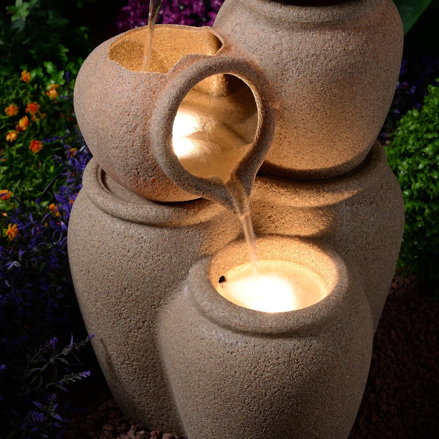 Puulye 29.53" H Outdoor Water Fountain Made with Eco-Friendly Recyclable Materials, Polyethylene Cascading Waterfall Outdoor Fountain, Garden Decor with LED Light & Pump for Patio, Backyard
