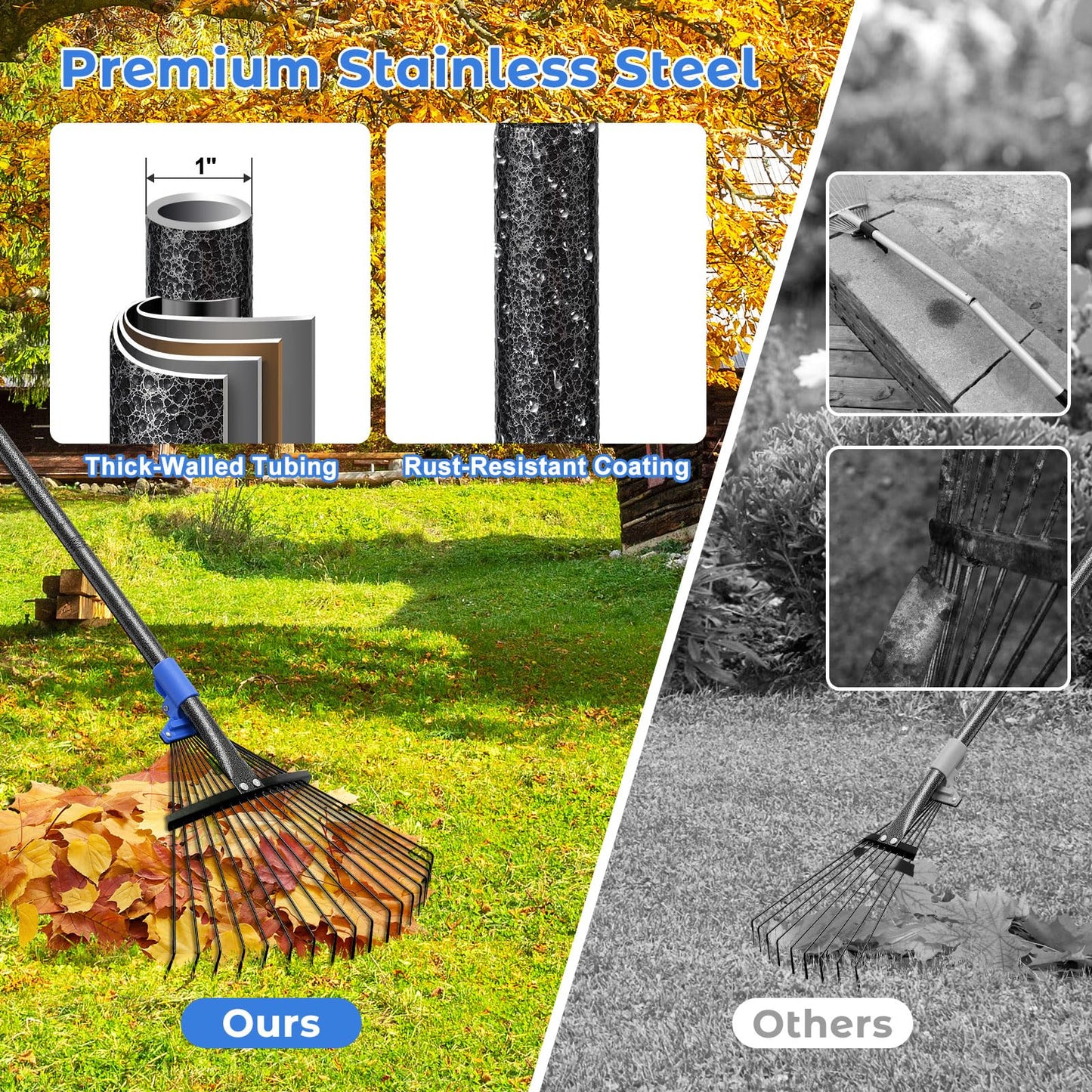 Heavy Duty Garden Leaf Rake-Adjustable Metal Rake with 8-17" Expandable Head,Yard Rakes for Leaves,Grass,Lawns,Shrubs,Flower Beds,Camping,Outdoor Cleanup,Ideal for Women & Kids