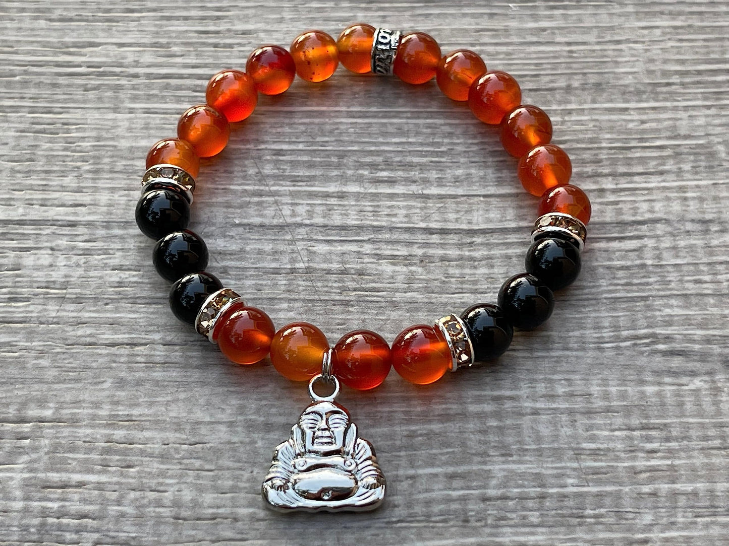 GAF TREASURES Red Agate & Black Onyx with Happy Buddha Crystal Bead Bracelet 8mm, Genuine Red Agate & Black Onyx Stretch Gemstone Bracelet, Healing Crystal Bracelet, Gift for Men & Women (1)