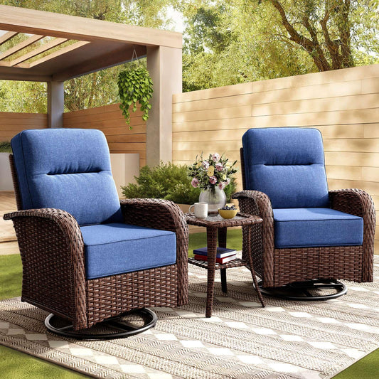 NUSBAY 3-Piece Patio Furniture Set with 6-Inch Thick Cushions, High Back Outdoor Swivel Rocker Chairs and Table, All-Weather Conversation Set for Porch, Deck, Balcony, Yard in Blue