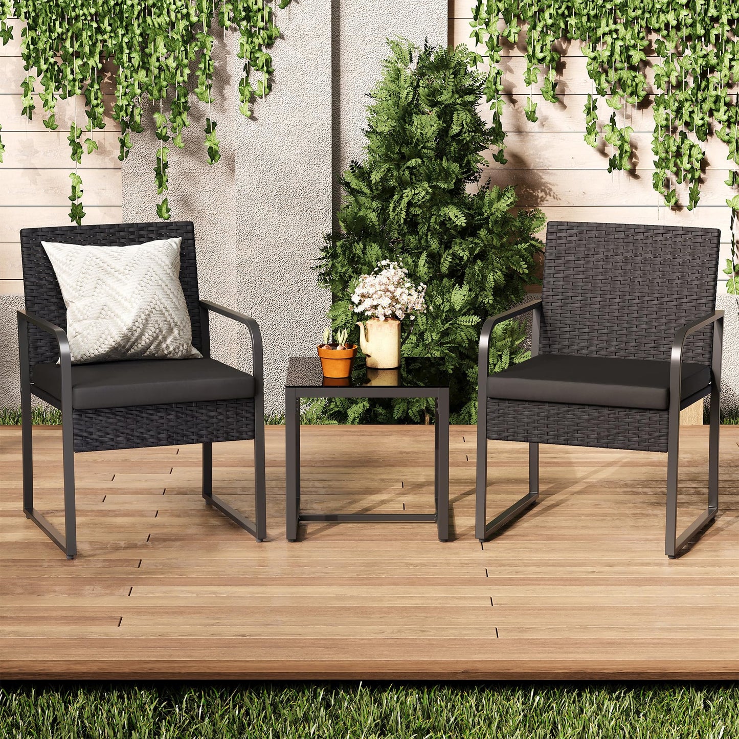 Gizoon 3 Pieces Patio Bistro Sets, Outdoor Rattan Conversation with Glass Table, Wicker Furniture Set with Cushion, for Backyard, Porch, Poolside, Lawn, Black