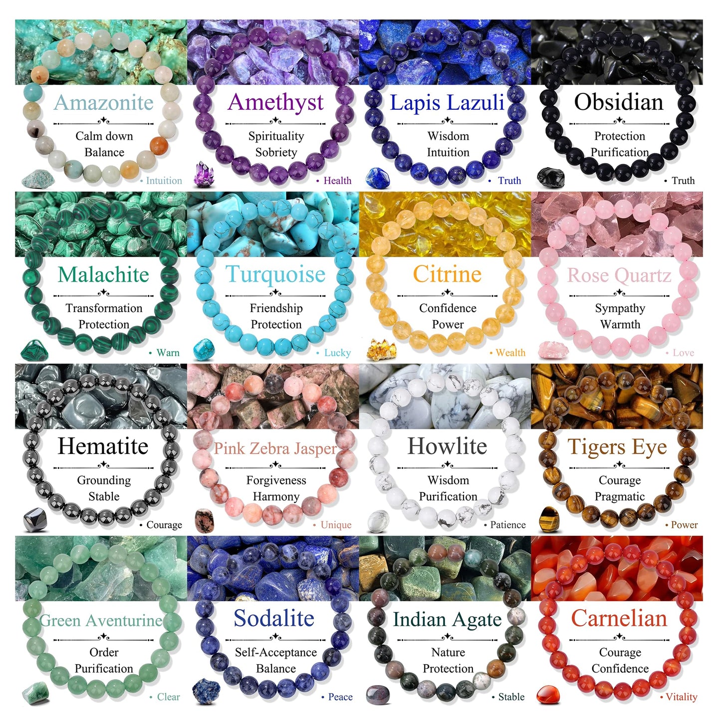 SAMOCO 16Pcs Natural Healing Crystal Bracelets for Women Men Semi-Precious Gemstone Beaded Bracelets Round Beads Gemstones Stretch Yoga Bracelet