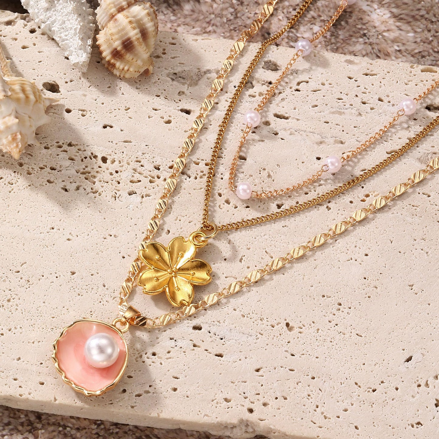 Drogomen Shell Necklace Boho Summer Beach Charm Necklaces for Women layered Seashell Hawaiian Necklace Summer Vacation Outfits Tropical Waterproof Jewelry for Women (CP)