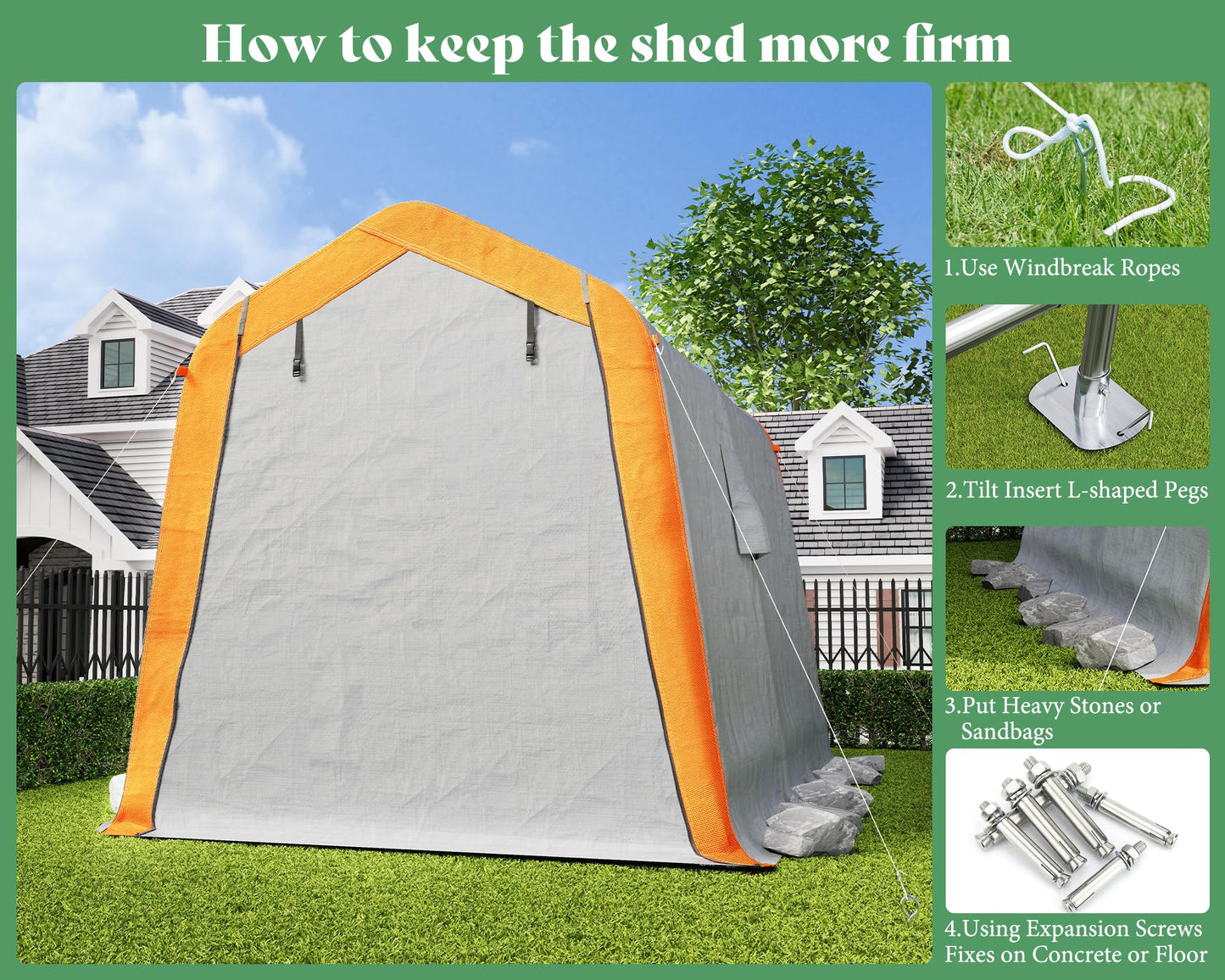 AMERLIFE 6x8x6.6 FT Heavy Duty Portable Shed Storage Shelter, Outdoor Storage Shed with 2 Waterproof Windows & Roll-Up Zipper Door, Carport for Motorcycle, Bike, Gray