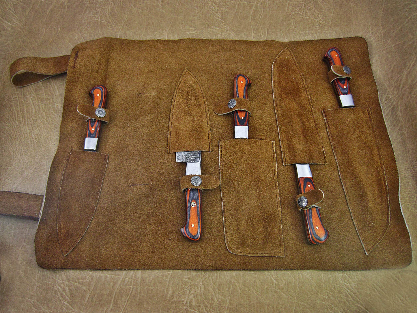 5 Pieces Damascus steel Hammered kitchen knife set, 2 tone Orange wood scale, 54 inches long sharp knives, Custom made hand forged Hammered Damascus steel blade, Goat suede Roll Leather sheath