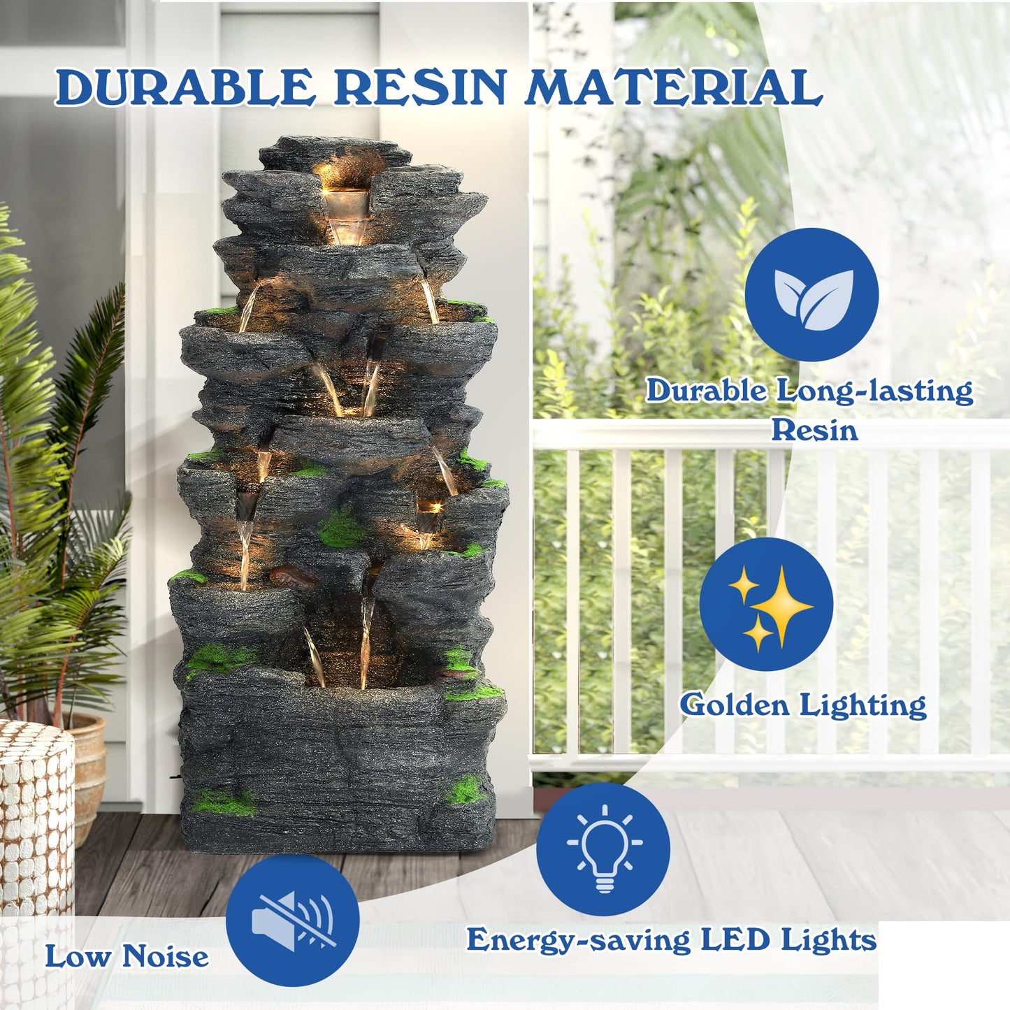 TOBYUL Garden Waterfall Fountain Outdoor - Water Fountains and Waterfalls, Outdoor/Indoor Floor Standing Resin Water Fountain with LED Light for Patio, Garden and Backyard, Deck, Porch, Home (40" H)