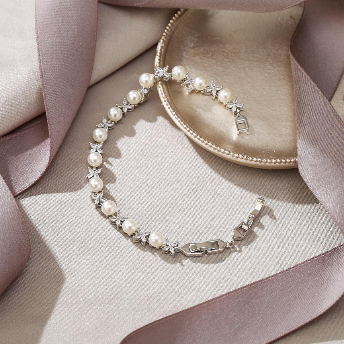 EVER FAITH Wedding Jewelry for Bride White Marquise Cubic Zirconia Cream Faux Pearl Floral Bridal Prom Tennis Bracelet for Women Clear Silver-Plated-Brass