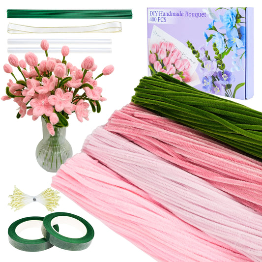 400 Pcs Pipe Cleaners Craft,4 Assorted Colors Pipe Cleaners Bulk, Chenille Stems for Lily DIY Tulip Flower Making Kit with Floral Wires, Gardening Tape,Stamen for Starter,Gift Wrapping Party Decor