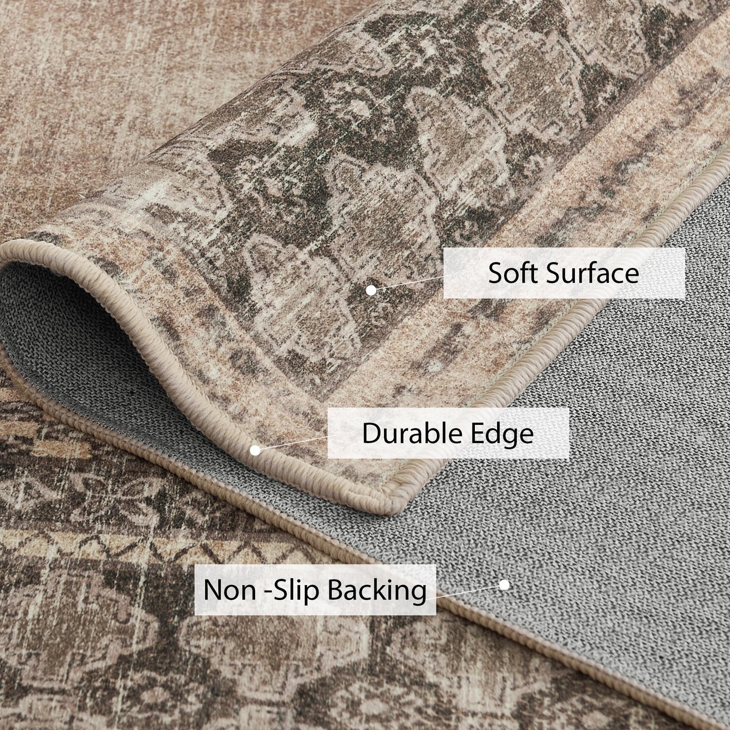 NICETOWN 5x8 Area Rug, Ultra- Thin Brown Oriental Washable Rug for Living Room, 5'x 8' Carpet for Bedroom, Non-Slip Stain Resistant Foldable Large Carpet Pet & Kids Friendly for Dining Room