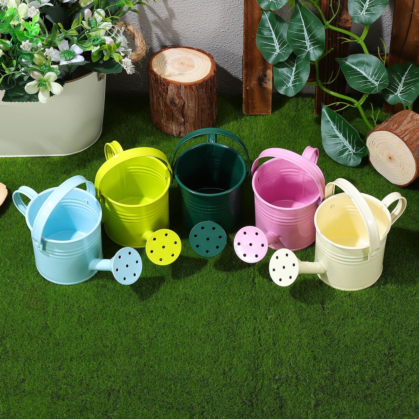 DOITOOL Kids Metal Watering Can for Gardening, 5Pcs Small Iron Watering Can Garden Watering Bucket for Gardening Plants Flowers (Mixed Color)