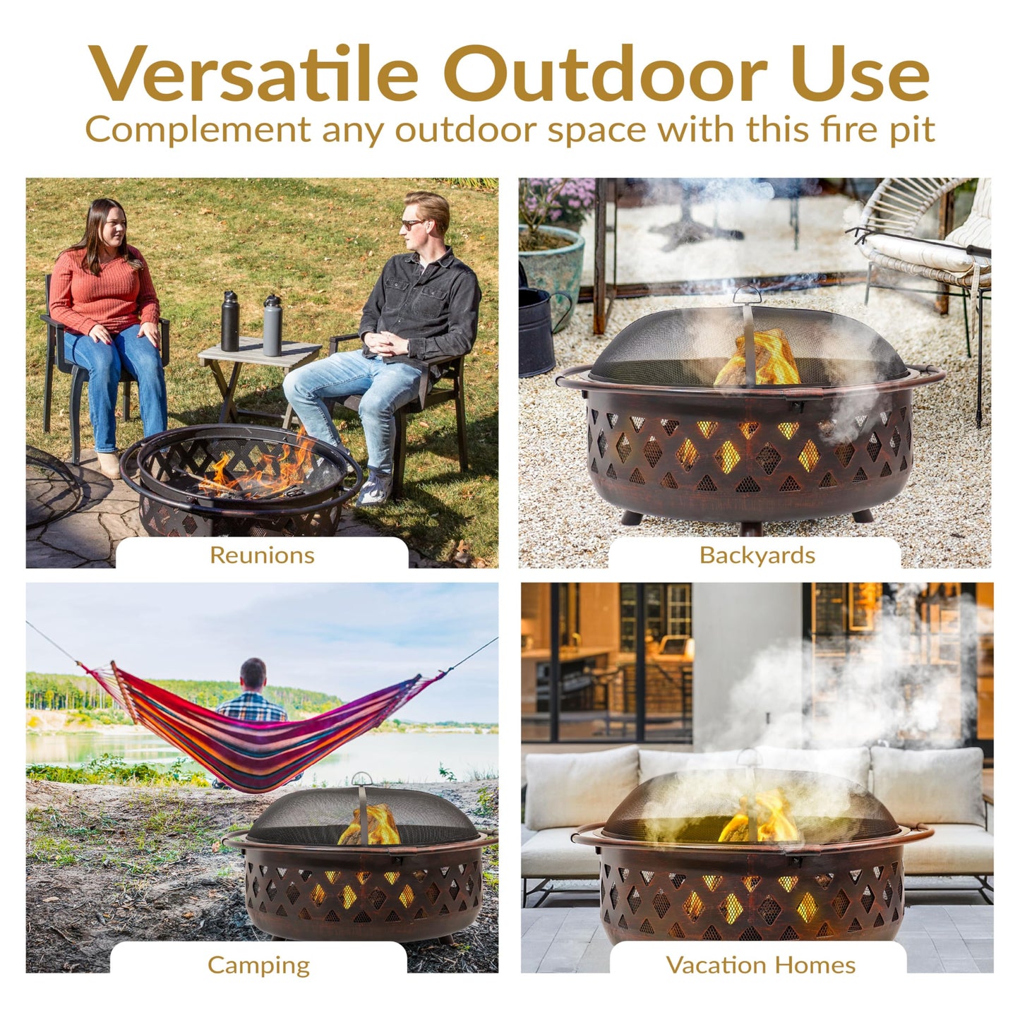 Sunnydaze Crossweave Outdoor Fire Pit - Wood-Burning Fire Pit for Outside with Spark Screen, Poker and Round Cover - 36-Inch - Bronze