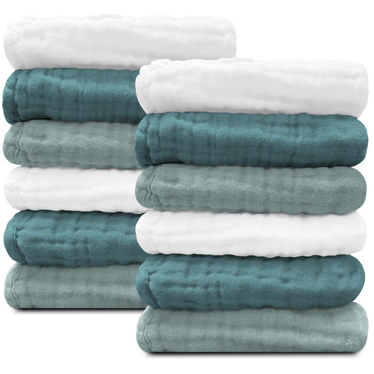 Sunny zzzZZ Baby Muslin Washcloths -100% Cotton Muslin Soft Baby Bath Wash Cloths and Absorbent Burp Cloths for Newborns Kids Girls and Boys -12 Pack, 12x12 Inches - White+Light Bean Paste Series