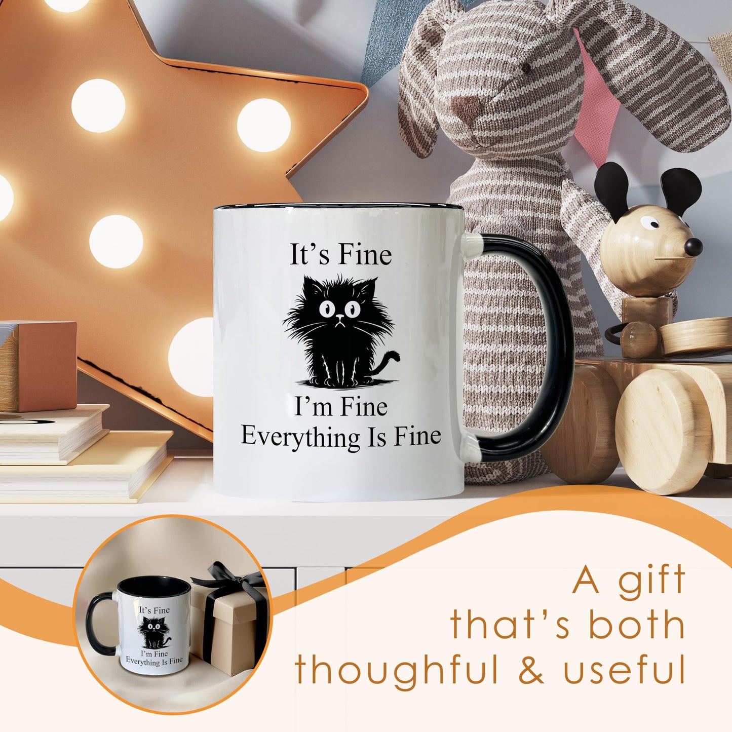 Foyoulame Black Cat Gifts Funny Coffee Mugs - Black Cat Mug, Funny Sarcastic Cats Coffee Teacup, Cat Lover Gifts for Women, I'm Fine Everything is Fine Ceramic CoffeeMug 11oz
