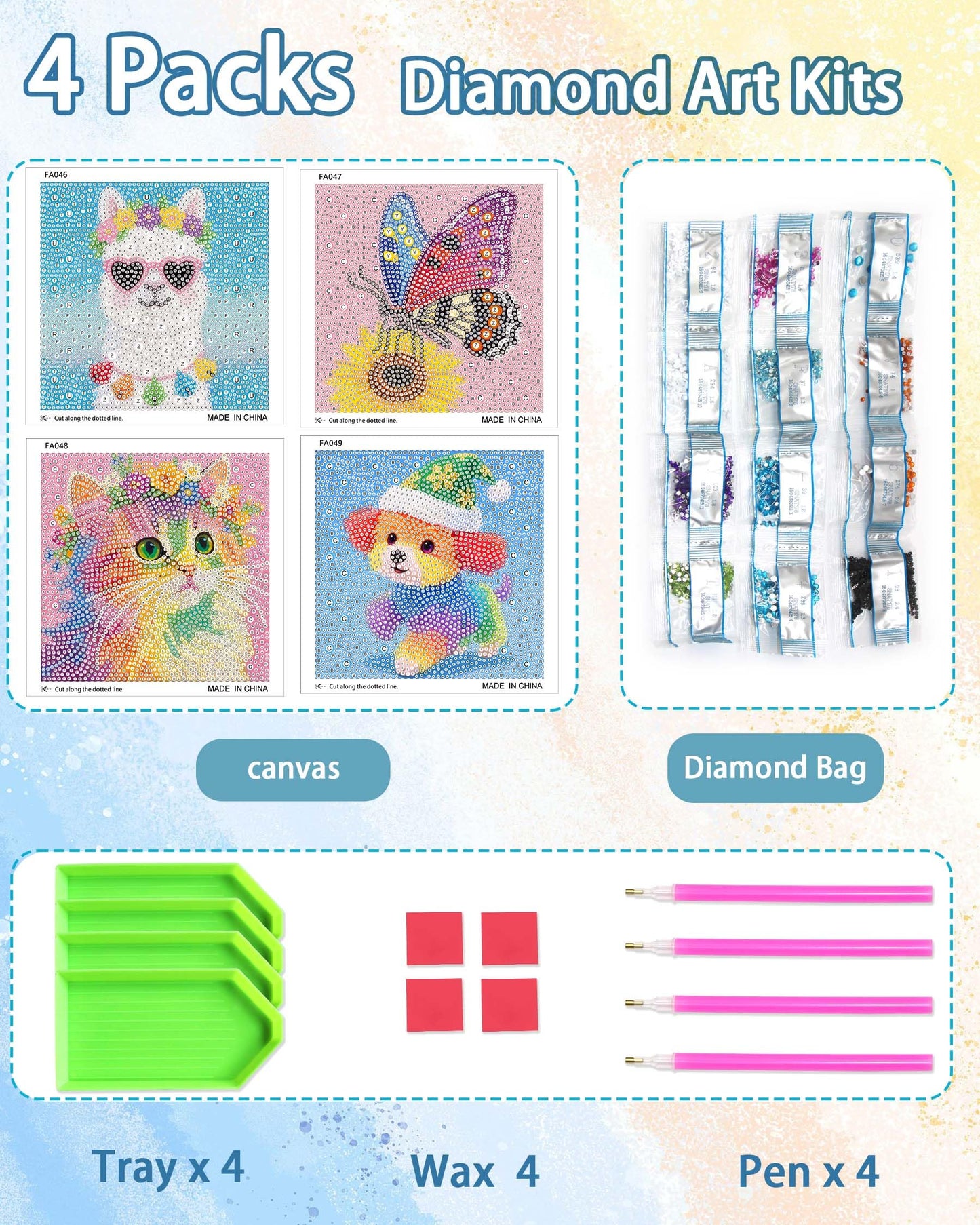 Leixonl 4 Packs 5D Diamond Art Kits for Kids Ages 6-8-9-12,Arts and Crafts Set for Home Wall Decor.Gem Art by Number Kits Arts and Crafts Kits(5.9x5.9inch) (4-pack-15-alpaca)
