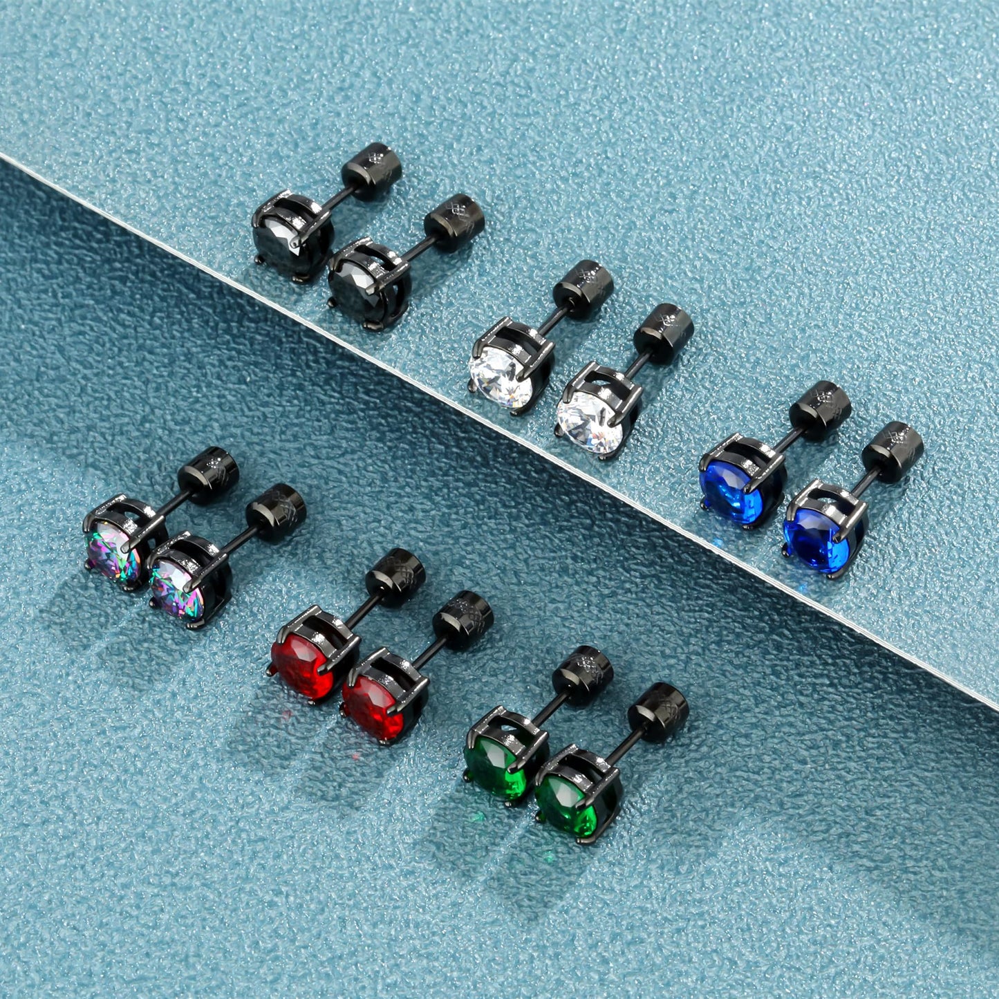Hopply 4 Pairs Titanium Screw Back Surgical Stainless Steel Earrings for Women Men,Rainbow 5A Cubic Zirconia Studs Double Side Earrings Piercing Sleeper Jewelry 6mm (Blue/Rainbow CZ 3-6mm)