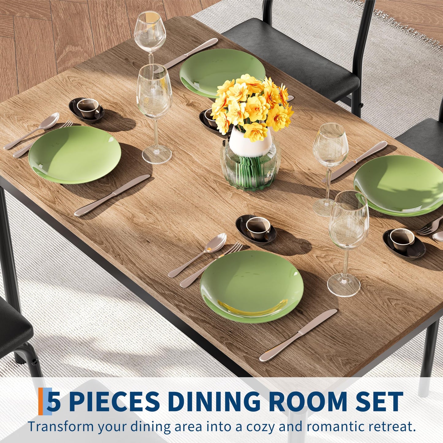 Takywep Dining Table Set for 4, 5 Piece Wooden Kitchen Table with PU Upholstered Chairs, Sturdy Industrial Metal Frame, Space-Saving Design for Apartment, Breakfast Nook
