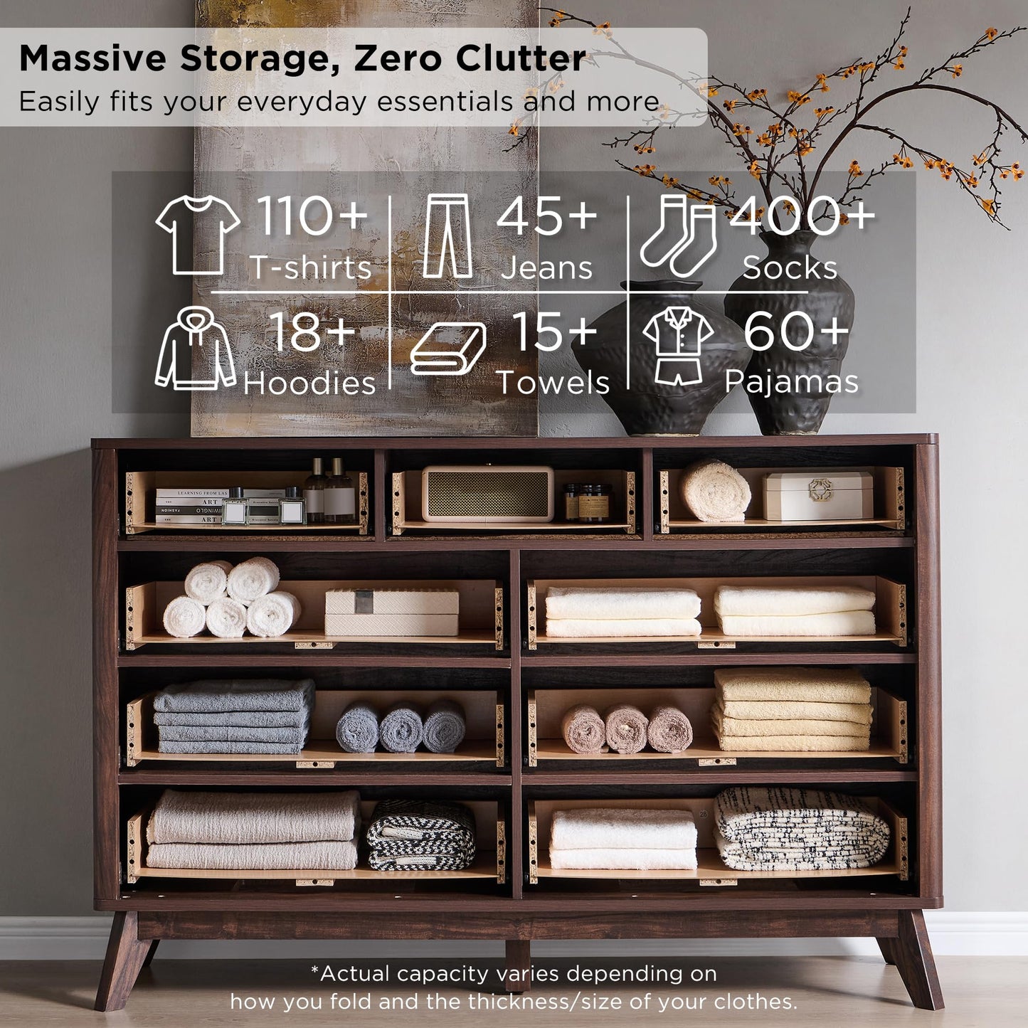 T4TREAM Fluted 9 Drawers Dresser, 54" Wide Modern Chest of Drawers, Curved Profile Design, Dresser TV Stand, Wood Drawer Organizer for Bedroom, Living Room, Hallway, Dark Walnut