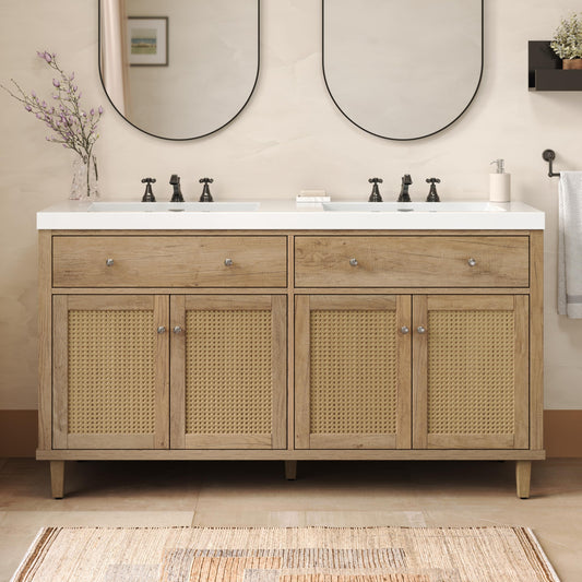 Merax 60 Inch Bathroom Vanity with Double Sink (SMC Sink), Large Storage Space with 2 Tip-Out Trays/Flip-Out Drawers and 4 Soft Closing Doors, Solid Wood Legs and Silver Metal Knobs, Wood Color