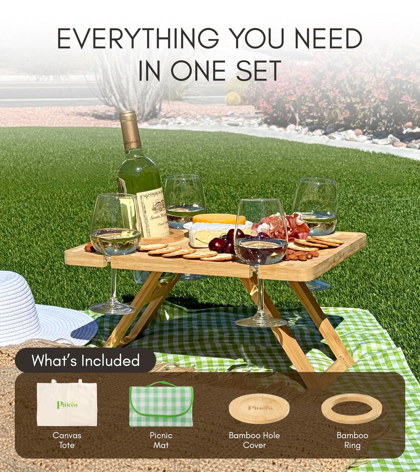 Outdoor Wine Picnic Table, Wooden Folding Picnic Table with Glass Holder, Bamboo Wine Glass Snack Tray for Indoor & Outdoor Use, Includes Picnic Mat & Tote Bag