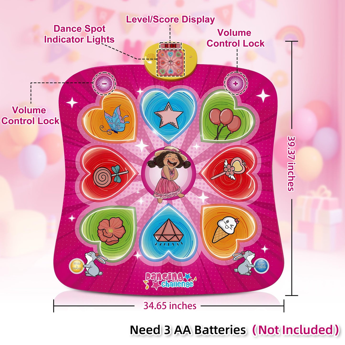 PLAMILOY Dance Mat for Kids, Light-up Rhythm Step Game Mat, Electronic Music Game Pad with LED Lights, Built-in Music, 5 Challenge Levels, Adjustable Volume, Ideal Gift for Girls Boys Ages 3-12