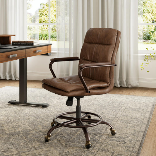EUREKA ERGONOMIC Mid-Century Vintage Office Chair, Faux Leather Executive Desk Chair with Unique Ball Casters and Fixed Footrest Ring, Brown Retro Swivel Chair for Home Office and Study, Brown