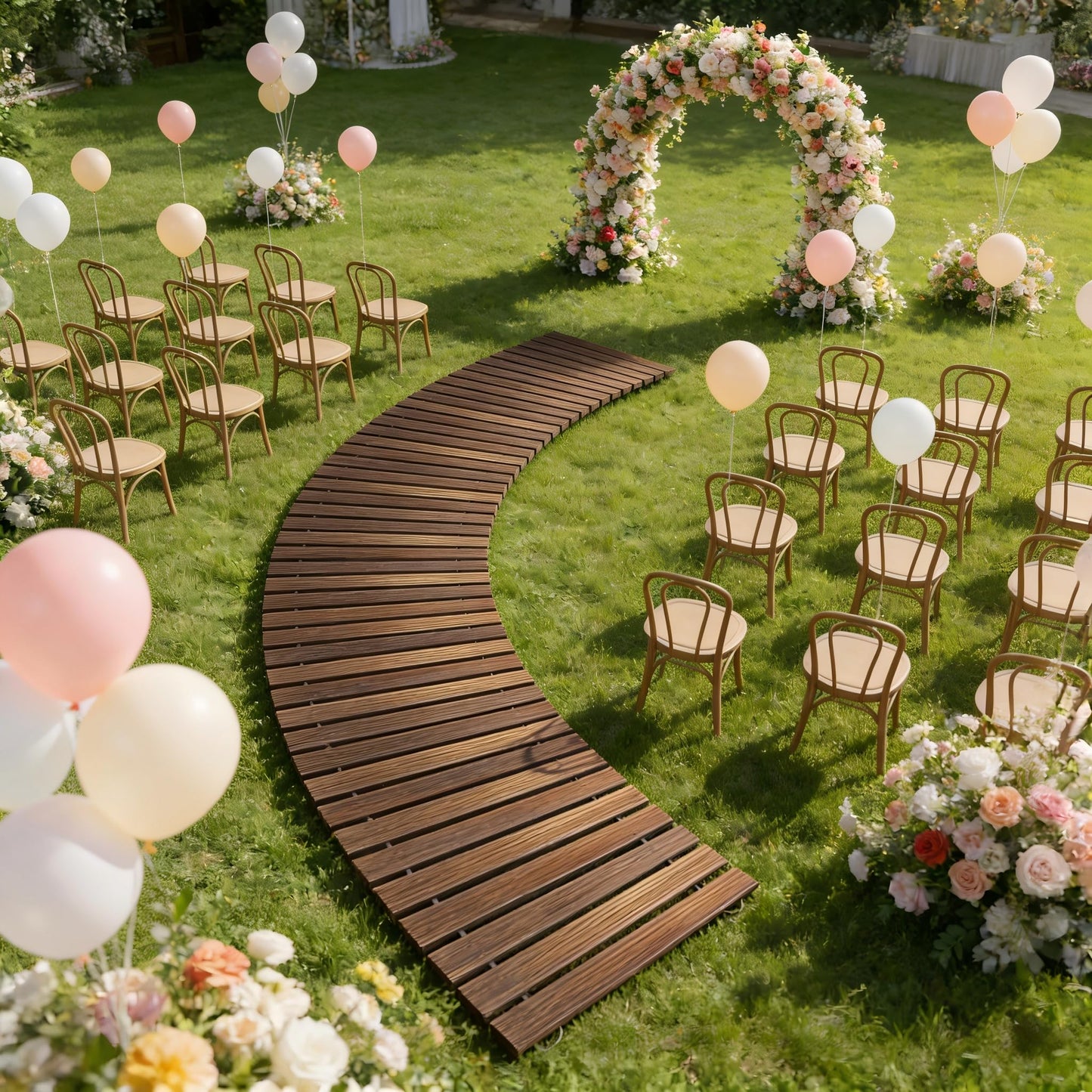 6FT Curved Wooden Garden Pathway Walkway Outdoor Roll Out Decorative Garden Non-Slip Patio Path Decorative Boardwalk Outdoor Road Floor for Backyard Beach Wedding Party