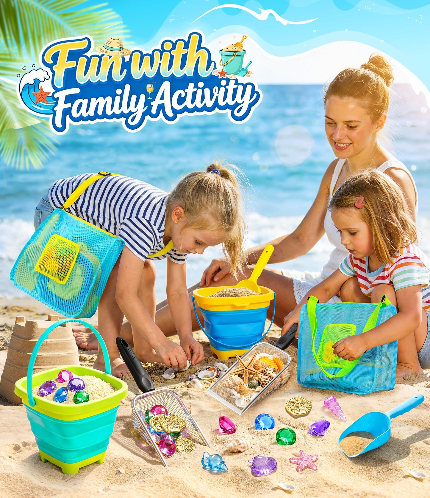 DISHIO Beach Toys for Kids, 25 Pcs Metal Sand Sifter & Collapsible Beach Buckets Set, Stainless Steel Sand Shovel, Sandcastle Building Kit with Mesh Bag, Travel Sand Toys for Toddlers Age 3-10