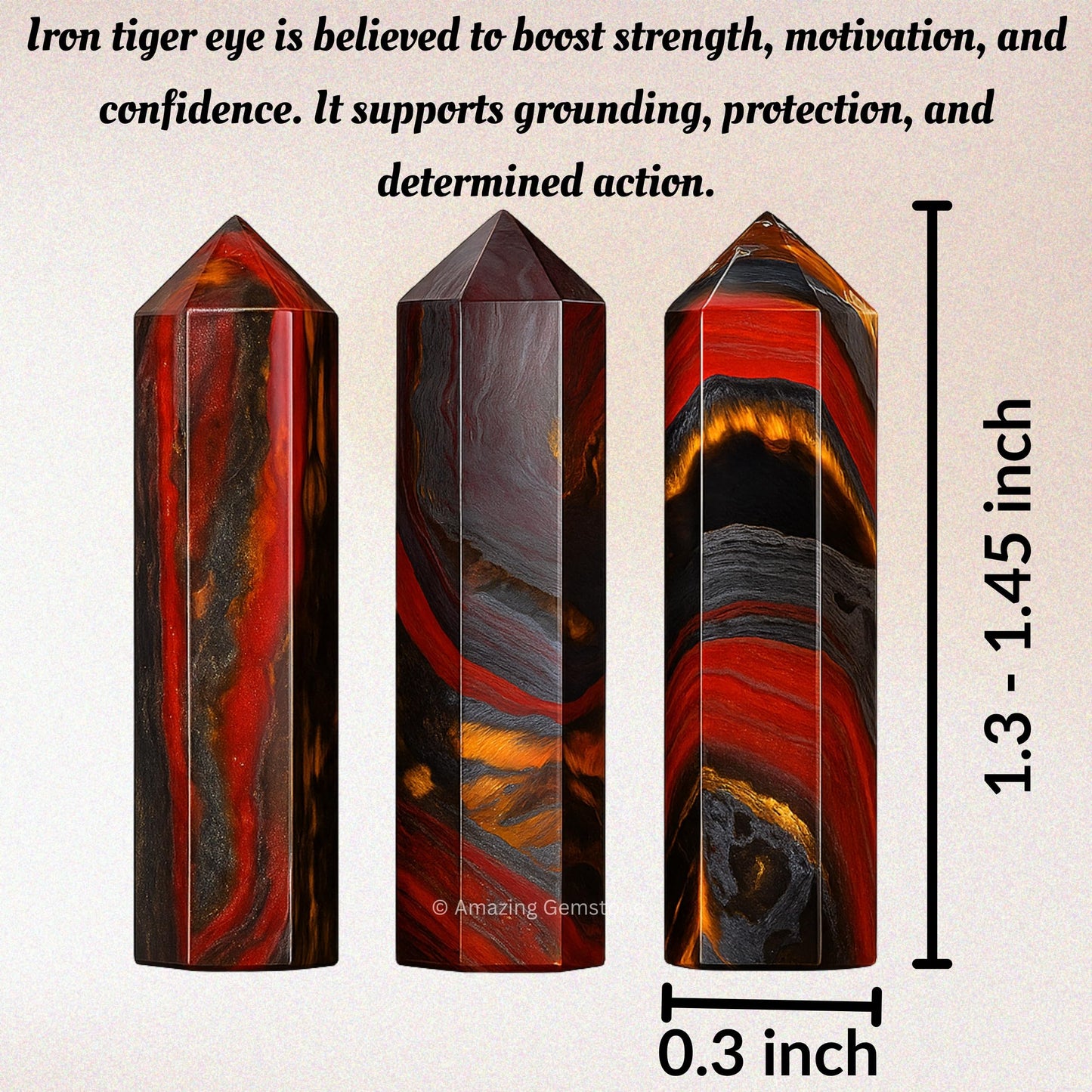 Amazing Gemstone Crystal Points Bulk Healing Crystals & Stones - Premium Single Terminated Healing Wand Point Bulk Crystals for Crafts, Crystal Grid, DIY Work (Iron Tiger Eye, Set of 3)