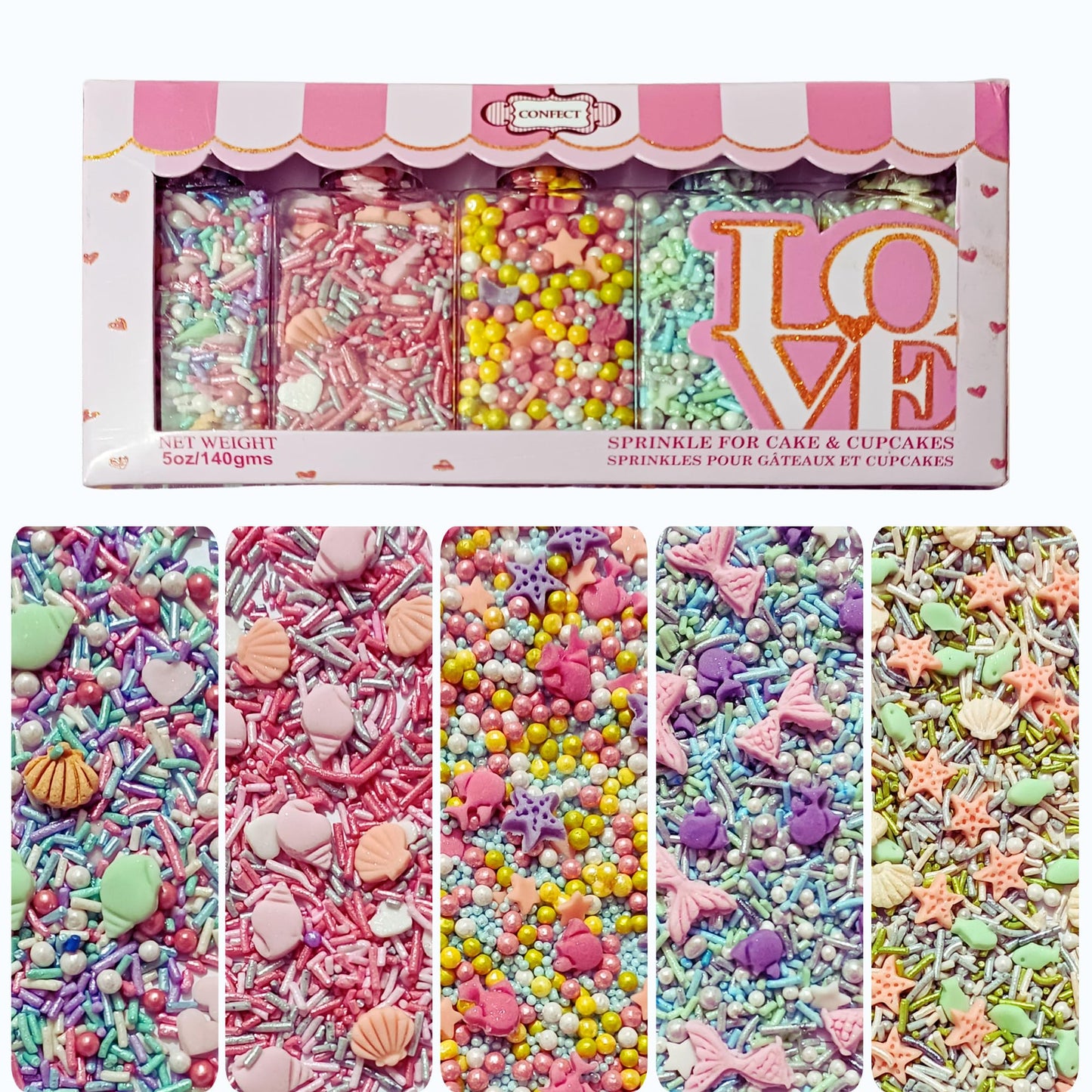Confect Ocean-Themed Sprinkles Set – 5 Assorted Pastel Edible Sea Shell, Mermaid, starfishes & fish Sprinkle Mixes for Cake, Cupcake & Cookie Decorating –Ocean-Themed Baking Decorations- Vegan, Gluten-Free, Nut-Free, Soy-Free, Dairy-Free, Palm Oil-Free- 5