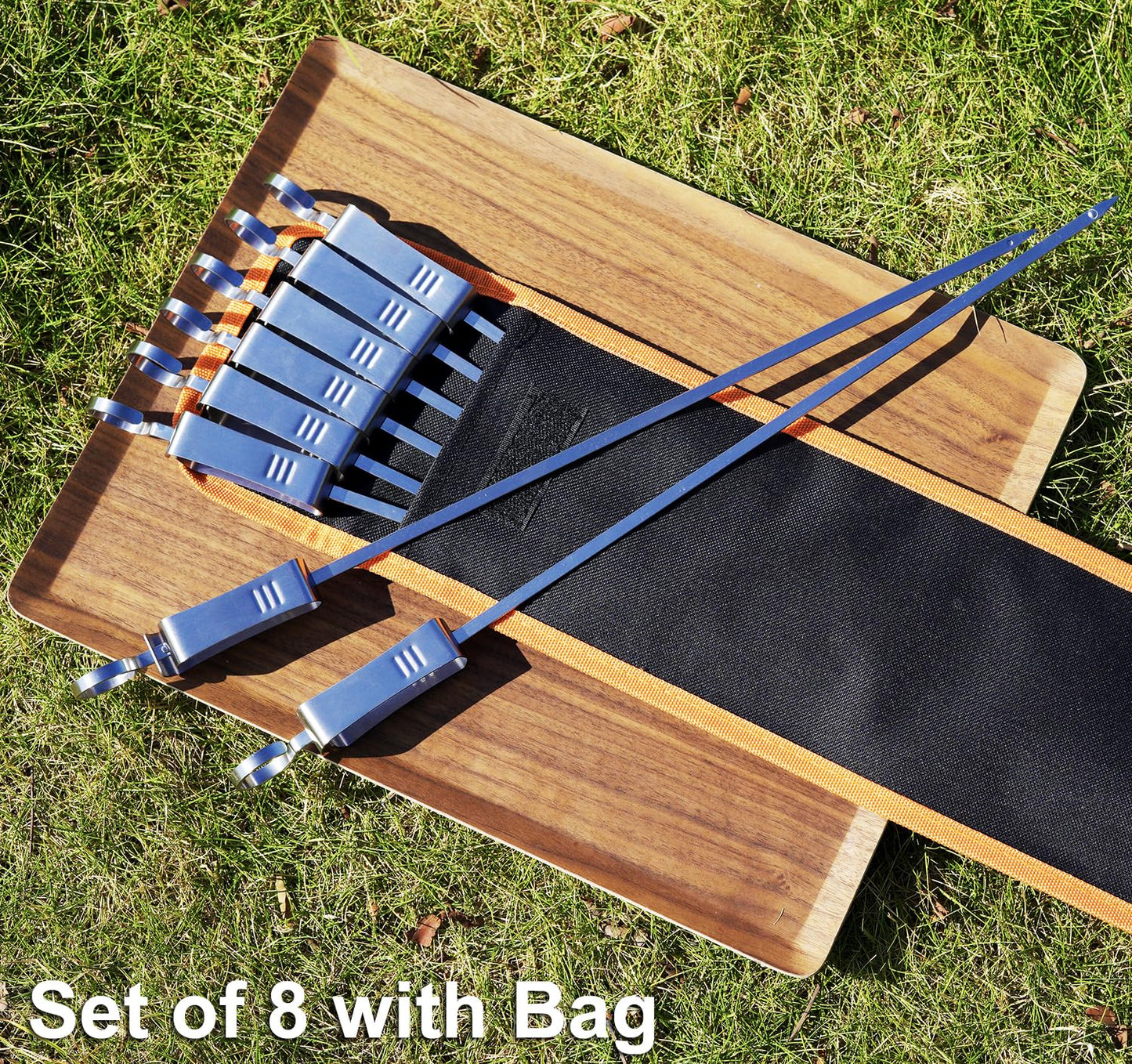 ESOW Metal BBQ Skewers for Grilling-16.83" Long Flat Kebab Sticks with Push Bar, Stainless Steel 304 Shish Kabob Skewers for Camping, Set of 8 with Bag