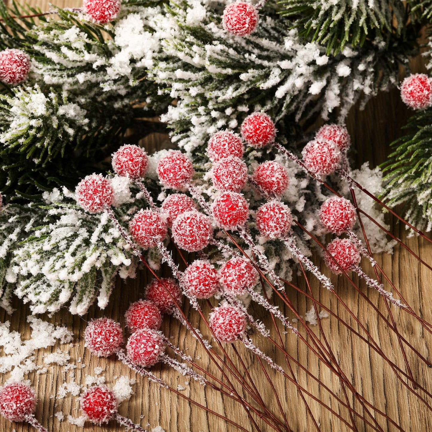 Suncalla 300 Pcs Snowy Artificial Holly Berry Stems Christmas Berry Picks Bulk Mini Fake Red Picks Flocked Ornaments for Christmas Tree Branches Fillers Wreath Home Xmas Winter Holiday Decorations