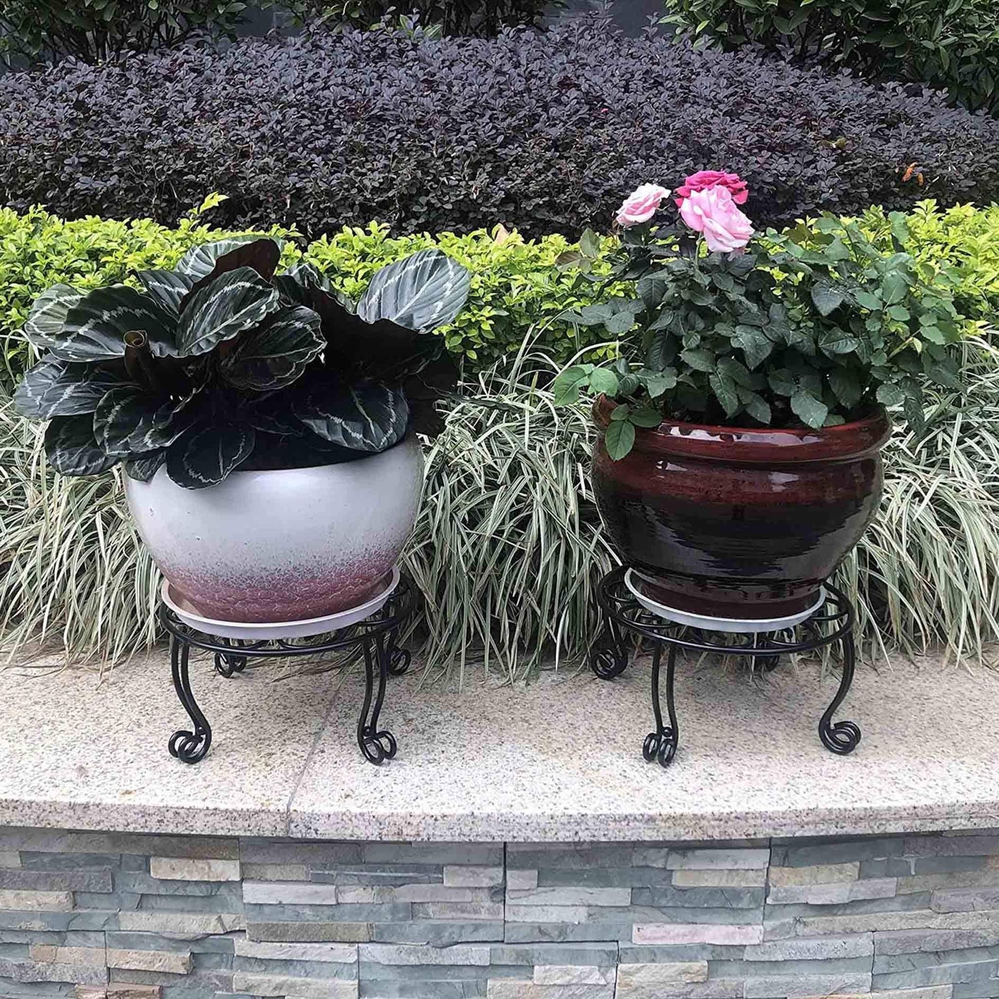 Uuuda Metal Outdoor Plant Stand 11.8IN Diameter Heavy Duty Plant Pot Stands for Indoor Round Flower Pot Support Rack Set of 2,Black