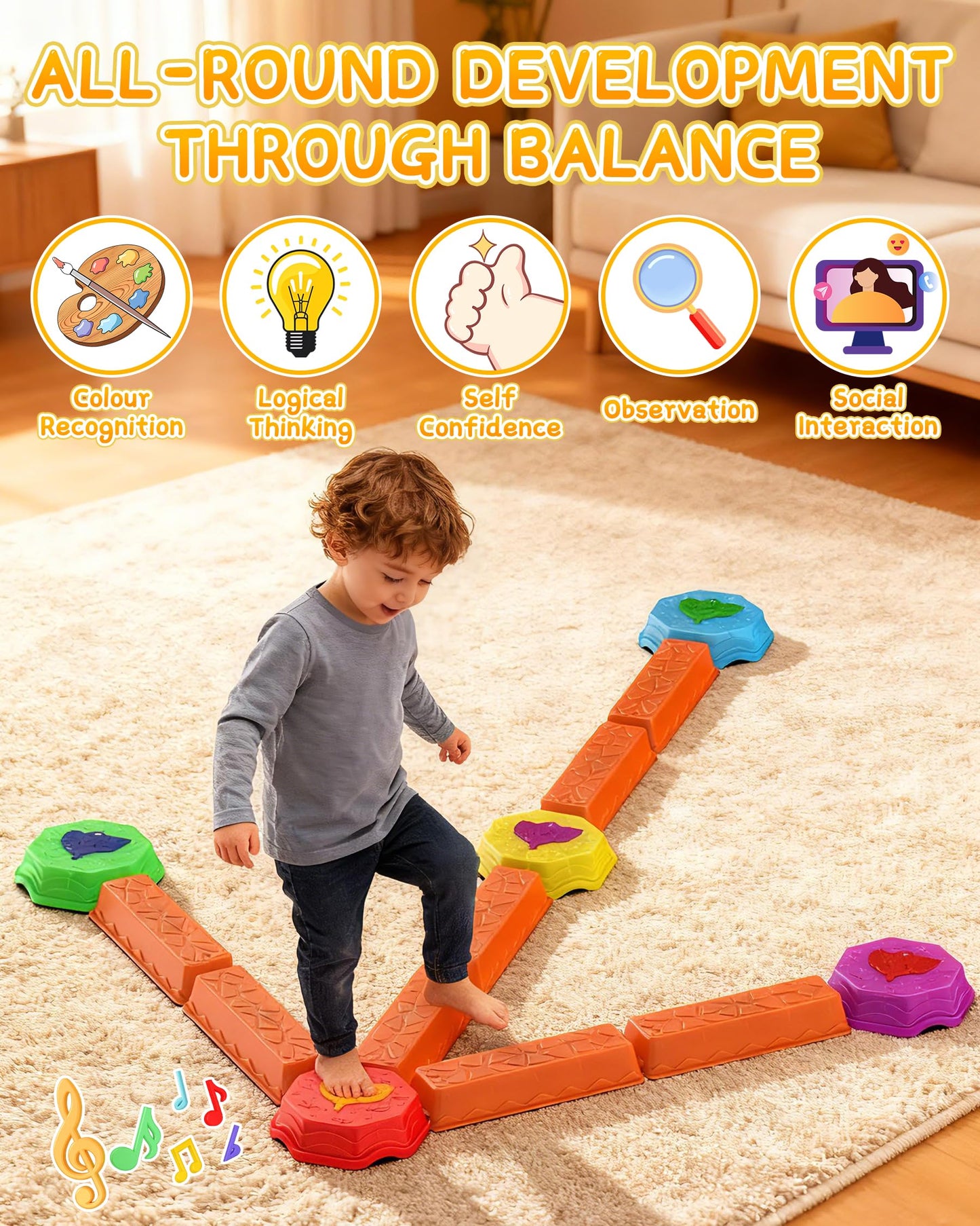 kenvc Stepping Stones for Kids, Light Up Musical Balance Beam and Non-Slip Toddler Balance Stones, Toddler Indoor or Outdoor Play Obstacle Course, Sensory Toys Play for Family Active Kids Ages 3+