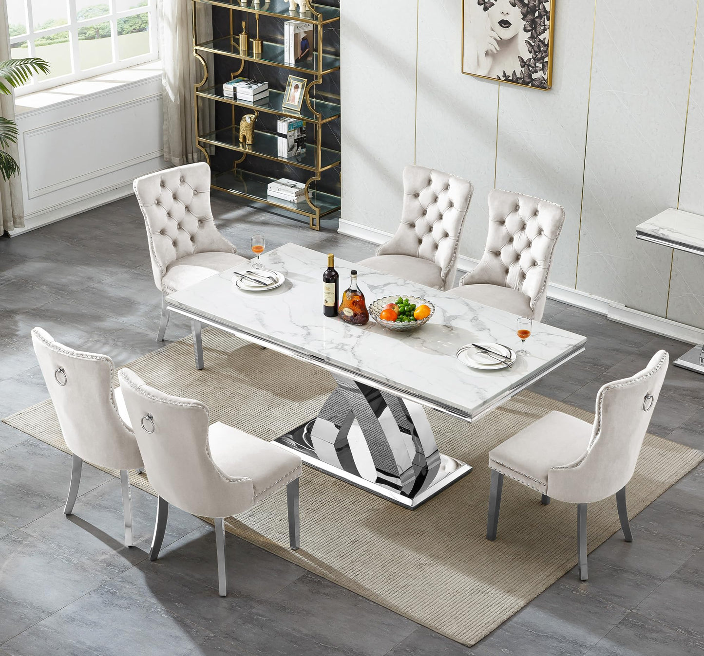 Pvillez 68.11" Marble Dining Table Set, White Dining Table with 6 Beige Velvet Chairs, Rectangle Kitchen Table and Chair Set with Silver Stainless Steel Base, Luxury 7 Piece Dining Set for Kitchen