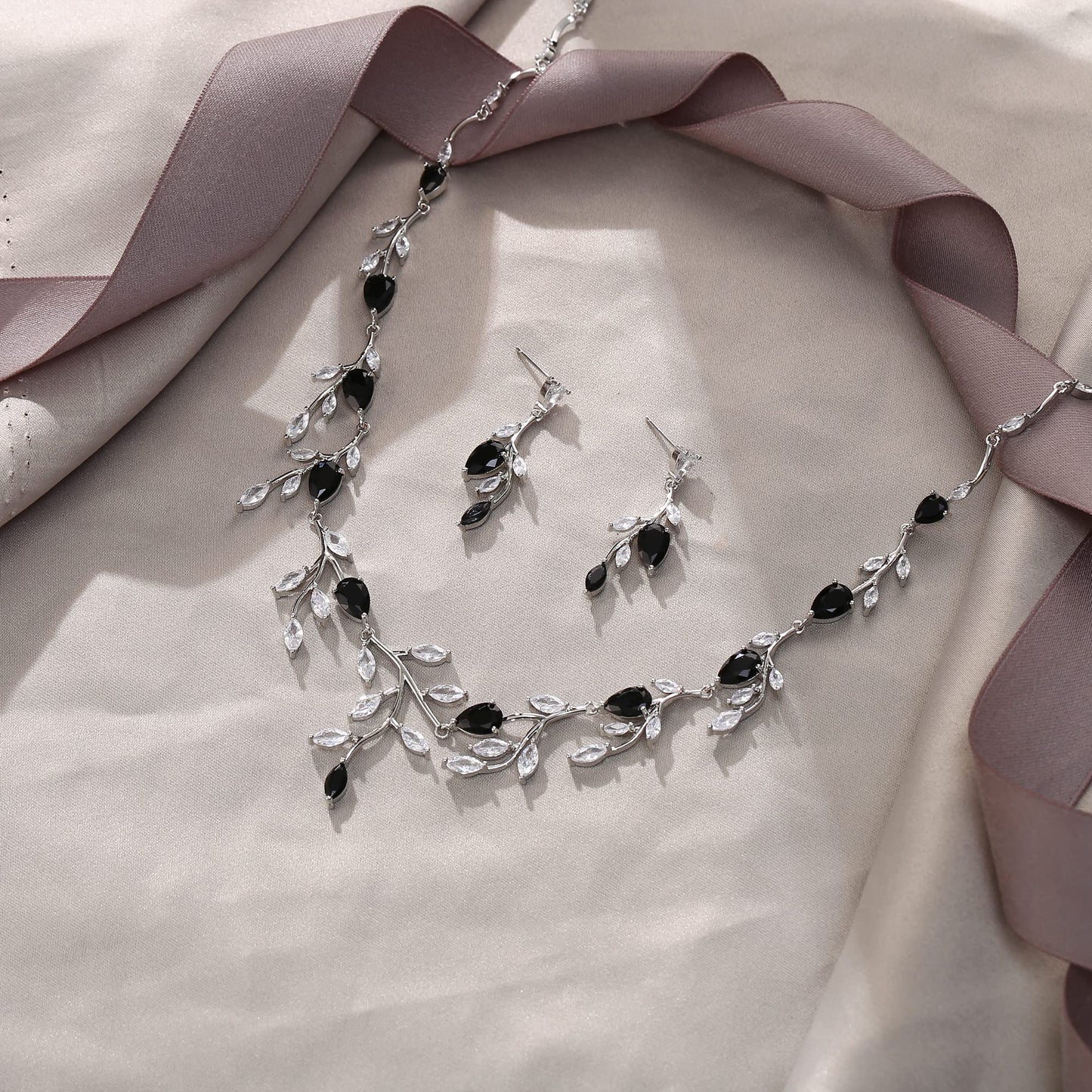 EVER FAITH Party Jewelry Set for Women, Sparkly Cubic Zirconia Pear-Shaped Birthstone Leaf Necklace Earrings Sets for Prom Black