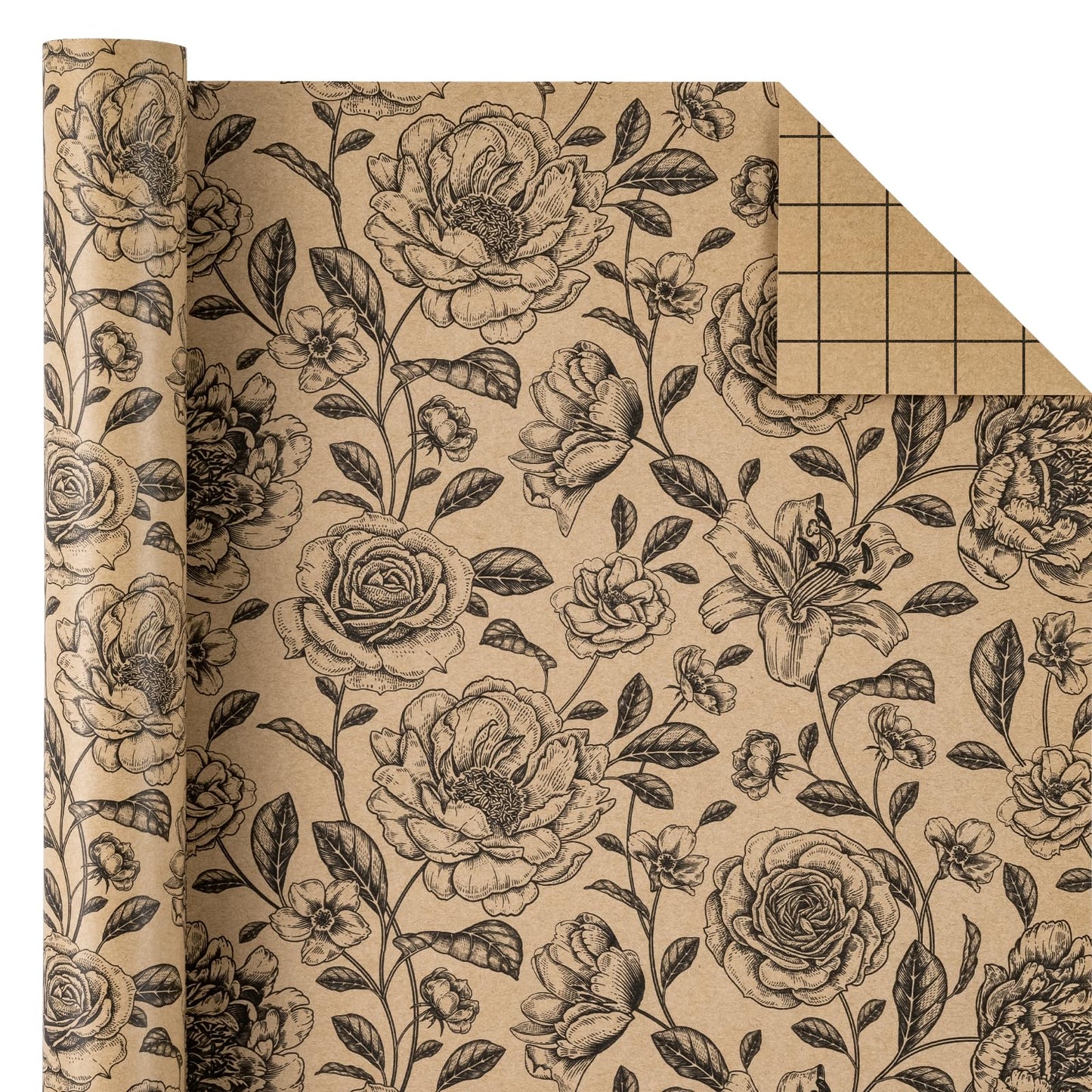 WRAPAHOLIC 30 Inch Kraft Floral Wrapping Paper Roll - 30 Inch x 33 Feet - Vintage Black Flower Wrapping Paper for Birthday, Bridal Shower, Wedding, Baby Shower