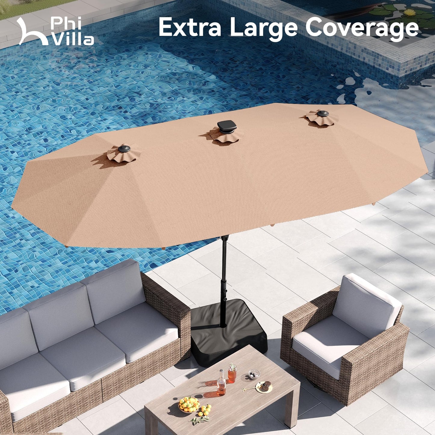 PHI VILLA 13ft Patio Umbrella with Solar-Powered 120 PCS LED Color-Changing Lights, Triple-Head Large Rectangle Umbrella Outdoor Patio for Table with Crank Lift,Beige(No Base)