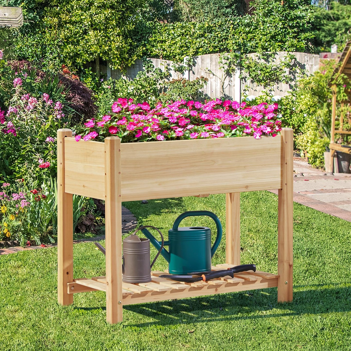 Yaheetech 34x18x30in Horticulture Raised Garden Bed Planter Box with Legs & Storage Shelf Wooden Elevated Vegetable Growing Bed for Flowers, Plants, Backyard, Patio, Balcony, Light Brown