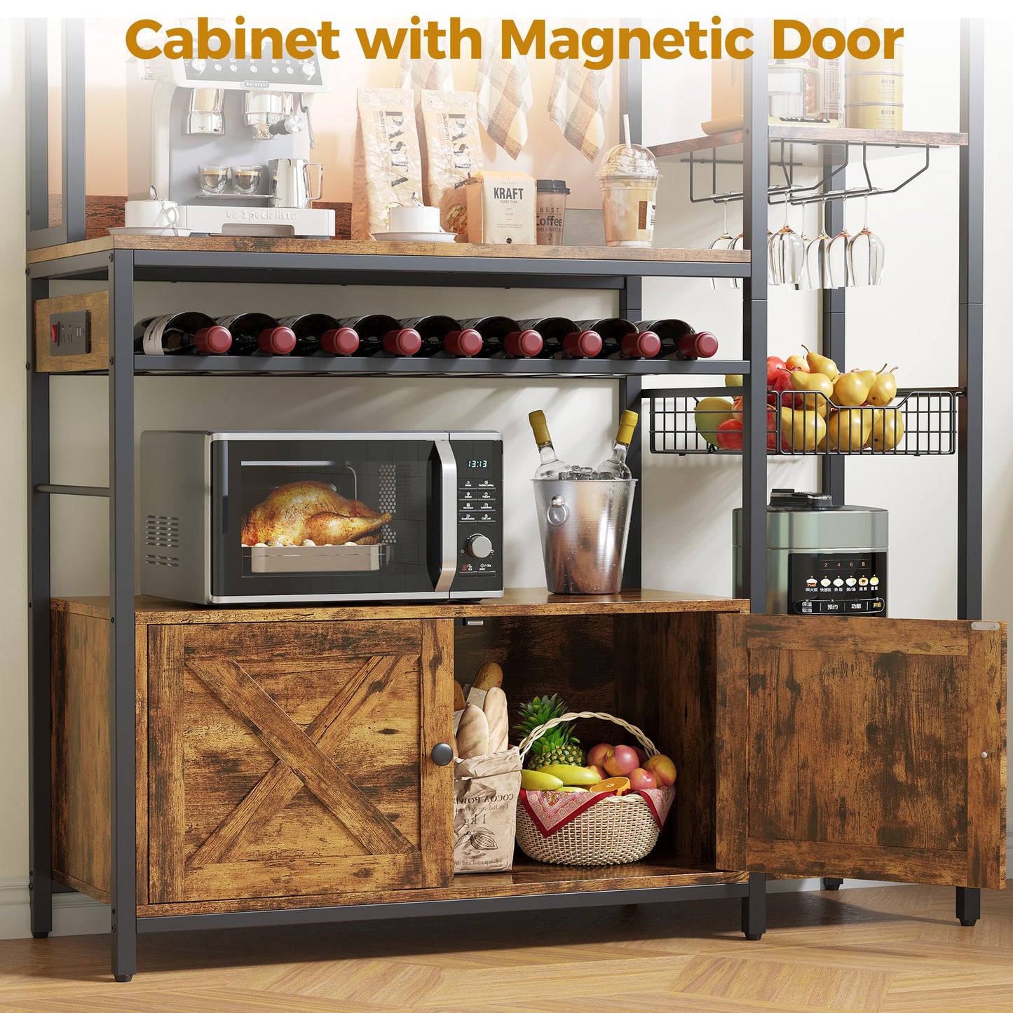 IRONCK Bakers Rack with Power Outlet, Kitchen Microwave Stand with Storage Cabinet, 47.24 Inch Coffee Bar Cabinet, Kitchen Racks with Shelves, LED Light, Globlet Holder and Wine Basket, Vintage Brown