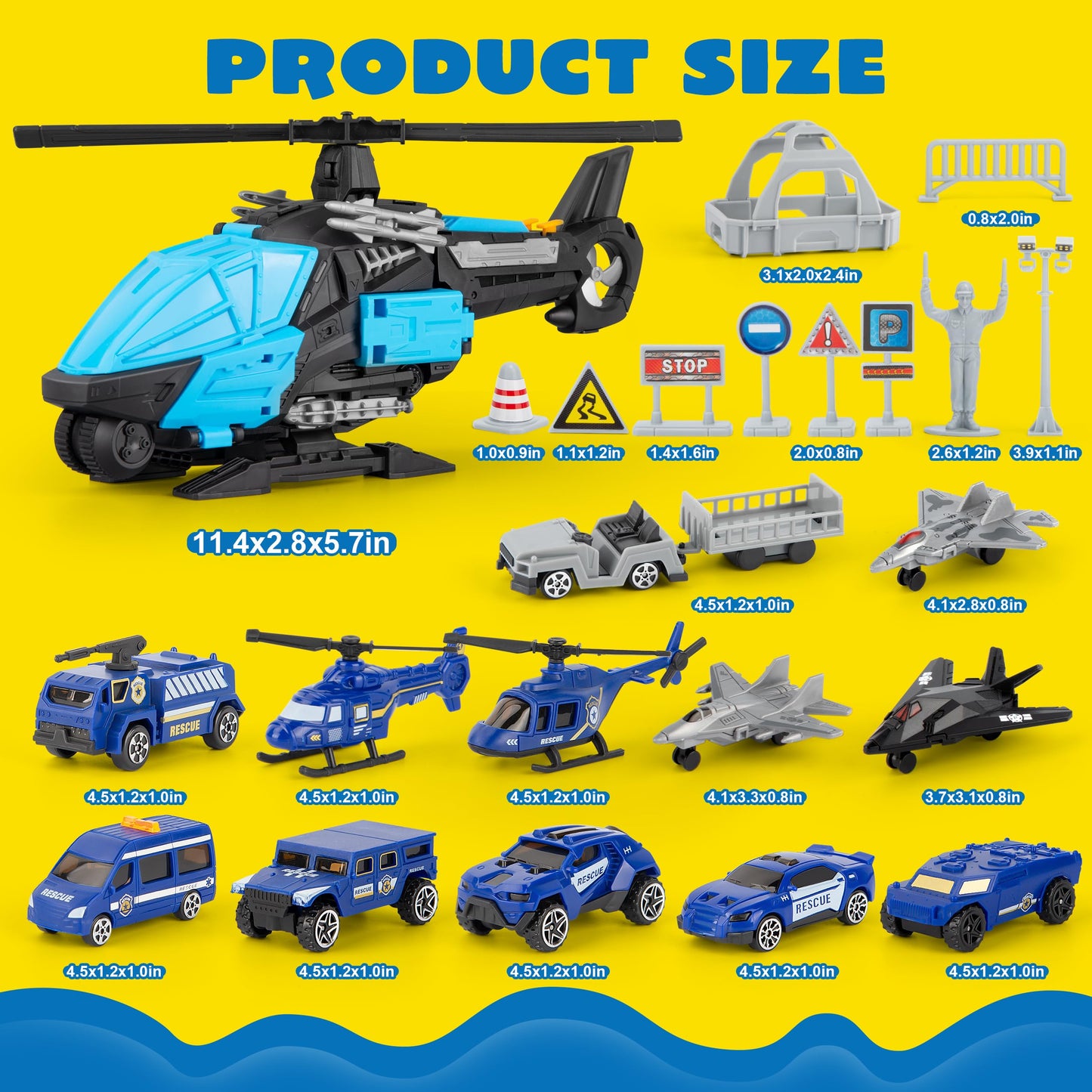 XDUOYJOY Police Helicopter Toy Playset with Vehicles, Fighter Jets, Airplane, SWAT Truck and Roadblocks, Police Rescue Patrol Car Toy for Kids Imaginative Pretend Play