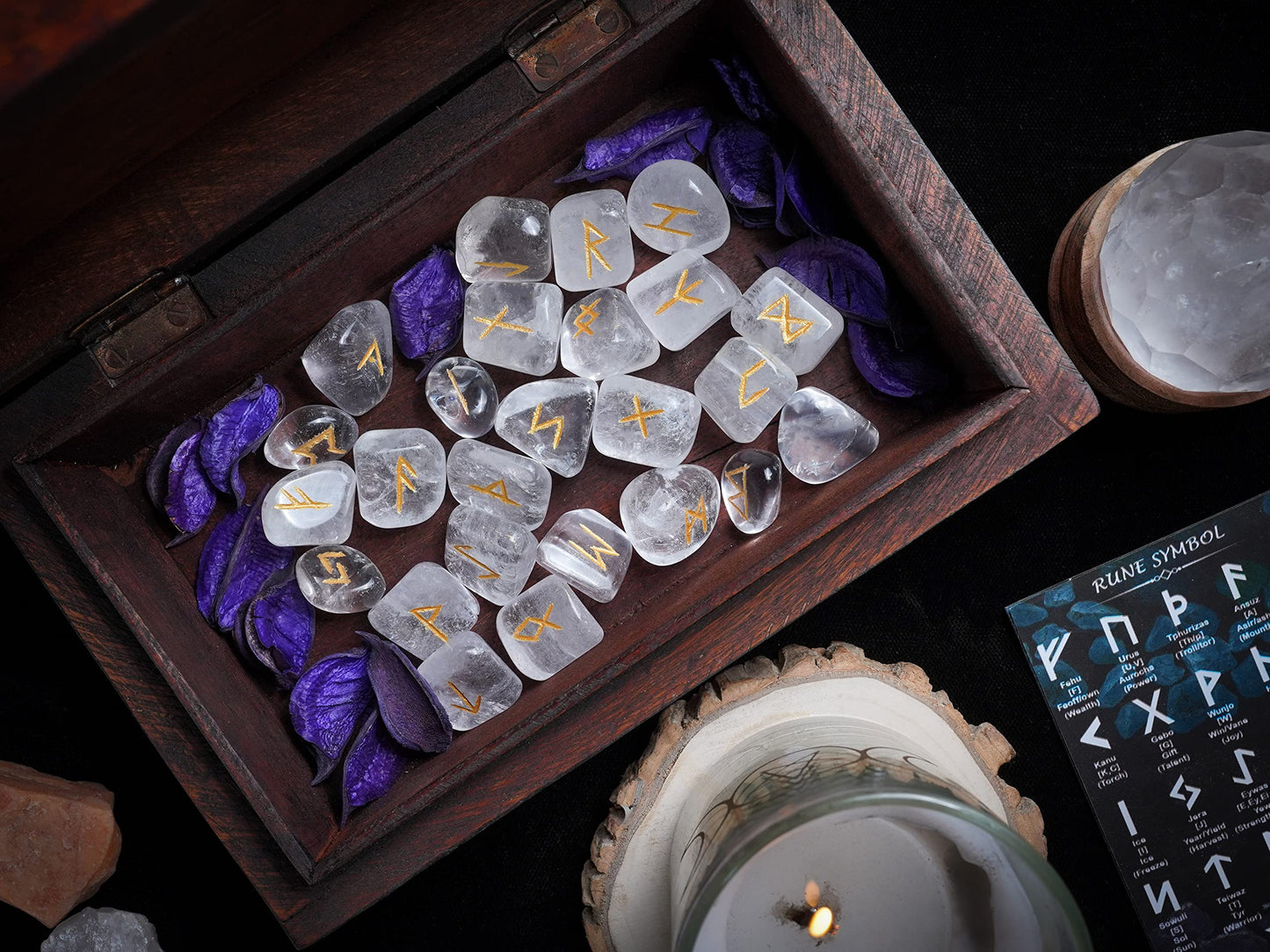 Rune Stones Sets 25 pcs Clear Quartz for Beginners with Elder Futhark Alphabets for Healing Chakra Crystals Reiki feng Shui Gemstone Runes Set Size: 15-20 mm with a Pouch & Rune brochure