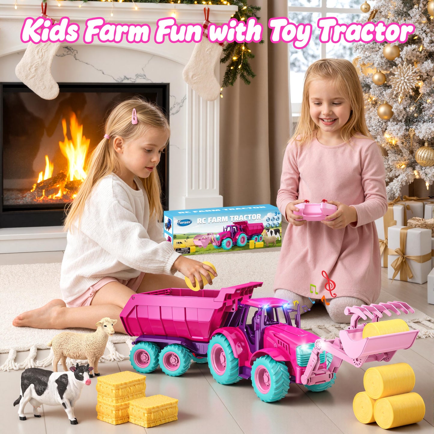Funwee RC Tractor Toy Set with Light & Sound, Kids Farm Car Animal Trailer Wheels Remote Truck, Outdoor Vehicle Toys for 3-7+ Years Old Toddler Boy and Girl Gift(Rose red)