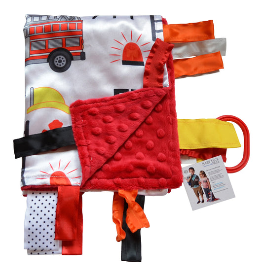 Baby Sensory, Security & Teething Closed Ribbon Tag Lovey Blanket with Minky Dot Fabric: 14”X18” (Firefighter)